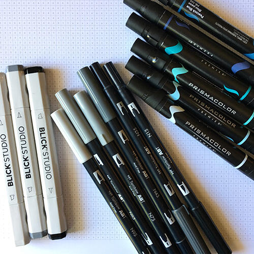 Blick, Tombow, and Prismacolor brand markers