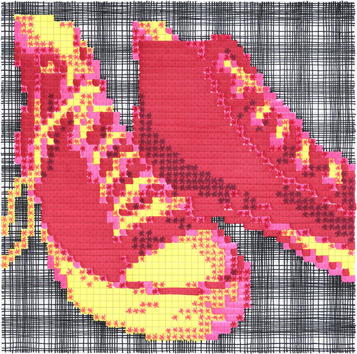 marker-drawn pixel image of converse high-top shoes, in red with plaid background