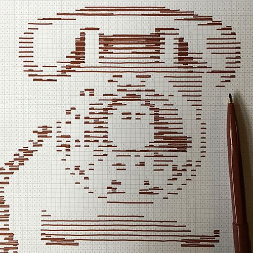 pixel image being filled in with brown marker pen, with short and long horizontal lines making a vintage phone