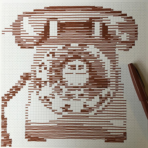pixel image filled in with brown marker pen, with short and long horizontal lines making a vintage phone