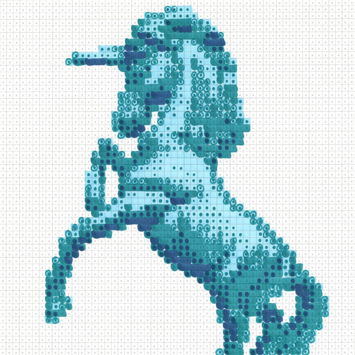 marker-drawn pixel image of unicorn figurine, in blues and aqua